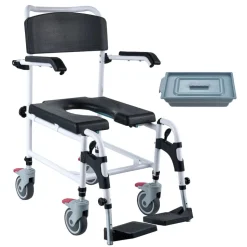 VEVOR Shower Commode Wheelchair with 4 Lockable Wheels, Footrests, Flip-up Arms, 3-Level Adjustable Height, 5L Removable Bucket, 350 LBS Capacity, Commode Chair for Adults Seniors