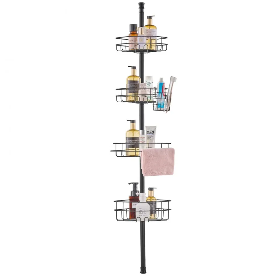 VEVOR Shower Corner Caddy Tension Pole, 56" to 114" High, Multi-Functional Shower Tension Pole with Strong Load-Bearing Tray, Rust-Proof Easy-to-Install Tension Pole, Fit for Bathroom & Washroom