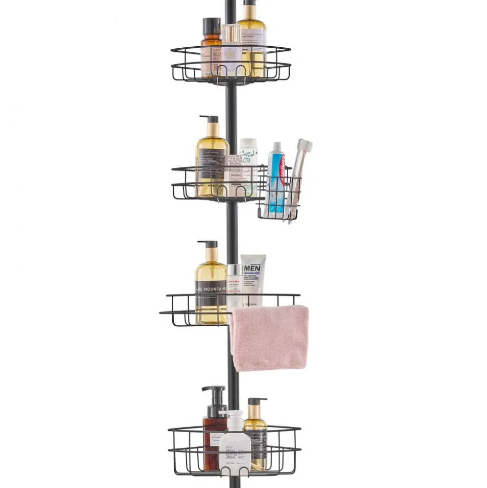 VEVOR Shower Corner Caddy Tension Pole, 56" to 114" High, Multi-Functional Shower Tension Pole with Strong Load-Bearing Tray, Rust-Proof Easy-to-Install Tension Pole, Fit for Bathroom & Washroom