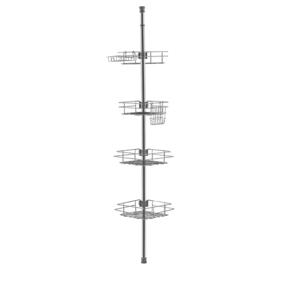 VEVOR Shower Corner Caddy Tension Pole, 42" to 114" High, Multi-Functional Shower Tension Pole with Strong Load-Bearing Tray, Rust-Proof Easy-to-Install Tension Pole, Fit for Bathroom & Washroom