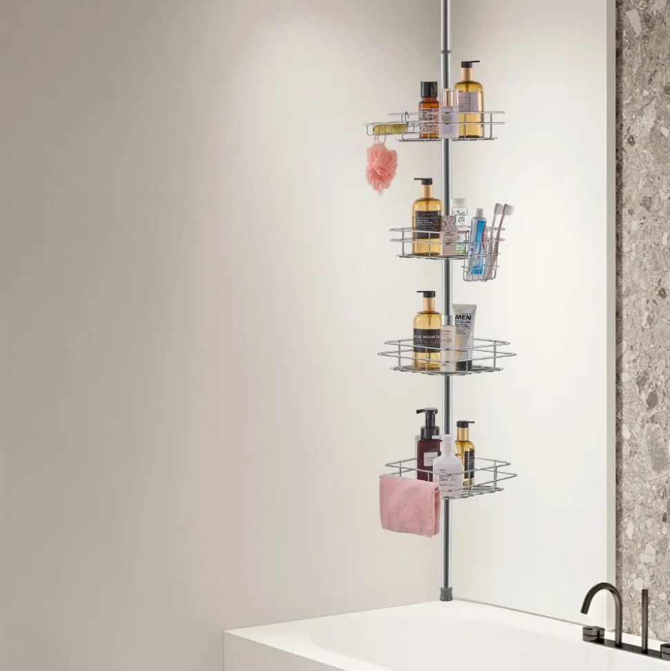 VEVOR Shower Corner Caddy Tension Pole, 42" to 114" High, Multi-Functional Shower Tension Pole with Strong Load-Bearing Tray, Rust-Proof Easy-to-Install Tension Pole, Fit for Bathroom & Washroom