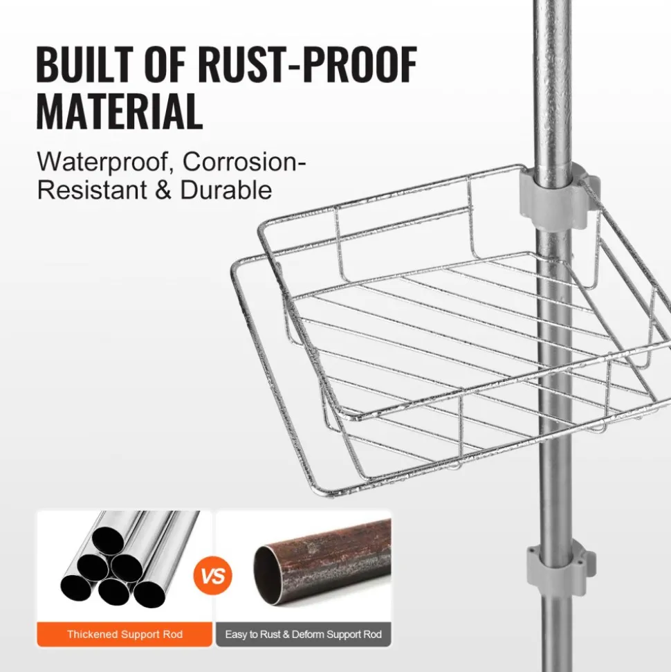 VEVOR Shower Corner Caddy Tension Pole, 42" to 114" High, Multi-Functional Shower Tension Pole with Strong Load-Bearing Tray, Rust-Proof Easy-to-Install Tension Pole, Fit for Bathroom & Washroom