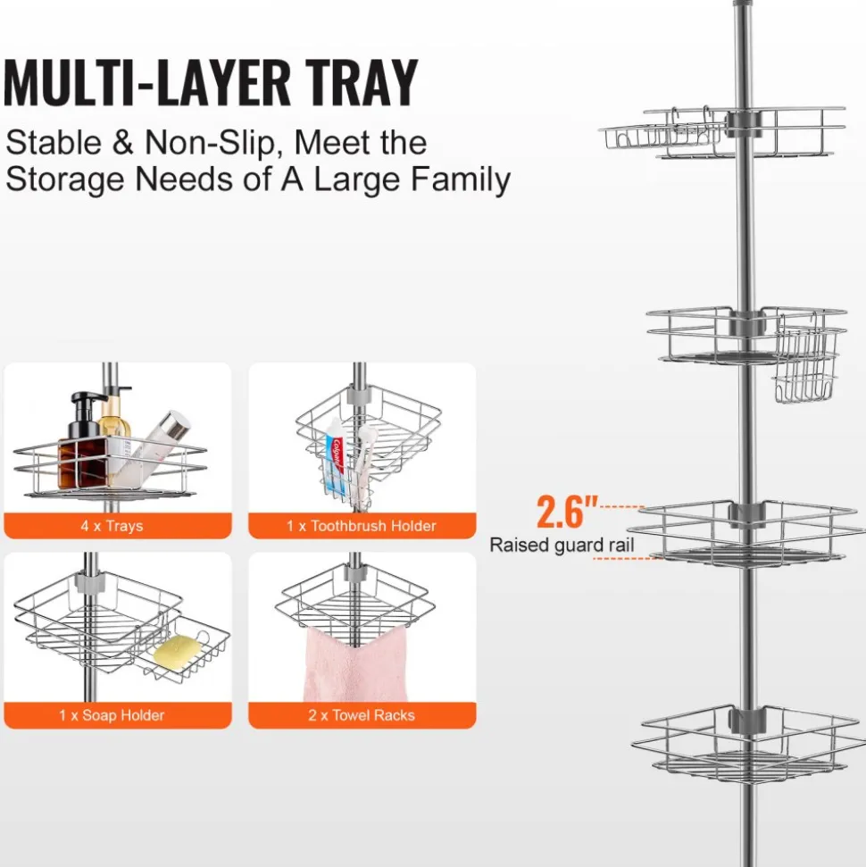 VEVOR Shower Corner Caddy Tension Pole, 42" to 114" High, Multi-Functional Shower Tension Pole with Strong Load-Bearing Tray, Rust-Proof Easy-to-Install Tension Pole, Fit for Bathroom & Washroom