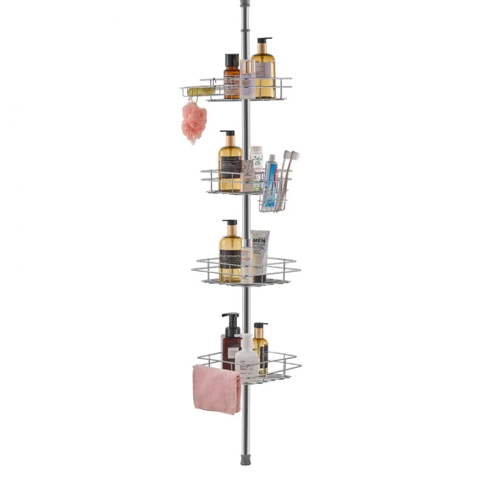 VEVOR Shower Corner Caddy Tension Pole, 42" to 114" High, Multi-Functional Shower Tension Pole with Strong Load-Bearing Tray, Rust-Proof Easy-to-Install Tension Pole, Fit for Bathroom & Washroom