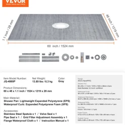 VEVOR Shower Curb Kit, 60"x48" Shower Pan Kit with 2" PVC Central Flange, Waterproof Membrane, Stainless Steel Grate and Joint Sealant, Shower Pan Slope Sticks Fit for Bathroom