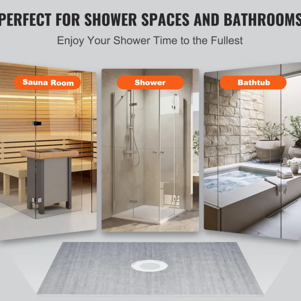 VEVOR Shower Curb Kit, 60"x48" Shower Pan Kit with 2" PVC Central Flange, Waterproof Membrane, Stainless Steel Grate and Joint Sealant, Shower Pan Slope Sticks Fit for Bathroom