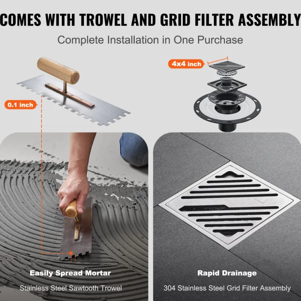VEVOR Shower Curb Kit, 60"x48" Shower Pan Kit with 2" PVC Central Flange, Waterproof Membrane, Stainless Steel Grate and Joint Sealant, Shower Pan Slope Sticks Fit for Bathroom