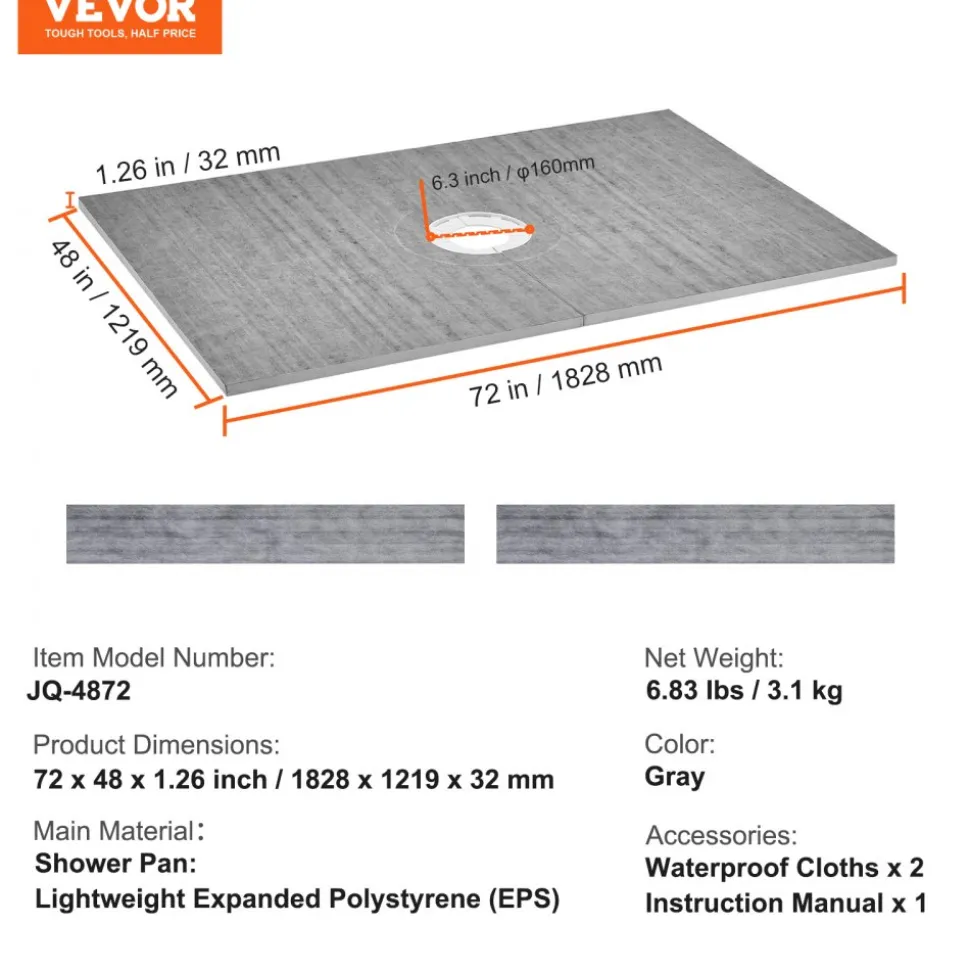 VEVOR Shower Curb Kit, 48"x72" Shower Pan Kit with 6.3" Central Drain, Lightweight EPS Shower Installation Kits with 2 Waterproof Cloths, Shower Pan Slope Sticks Fit for Bathroom