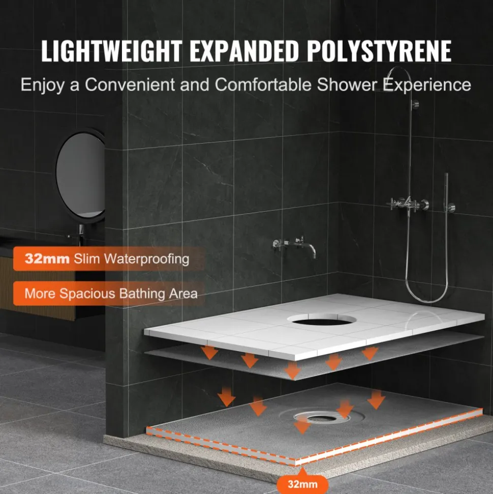 VEVOR Shower Curb Kit, 48"x72" Shower Pan Kit with 6.3" Central Drain, Lightweight EPS Shower Installation Kits with 2 Waterproof Cloths, Shower Pan Slope Sticks Fit for Bathroom