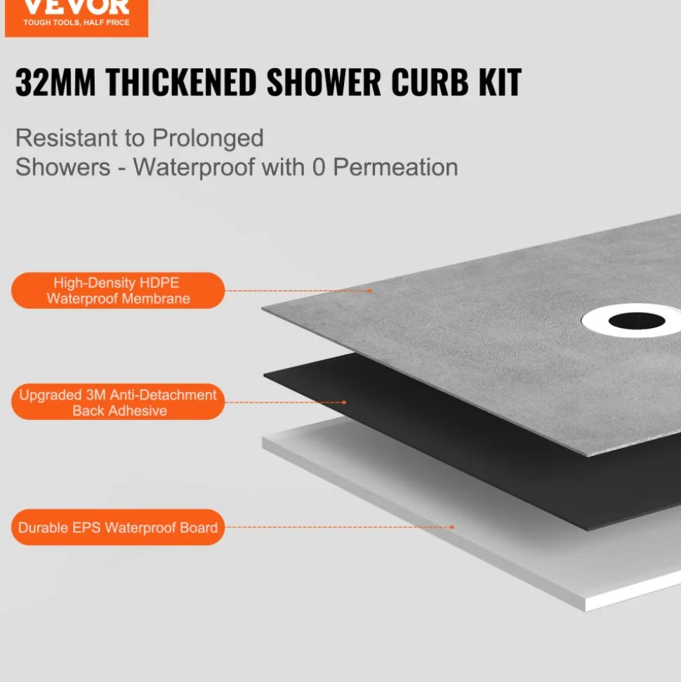 VEVOR Shower Curb Kit, 48"x72" Shower Pan Kit with 6.3" Central Drain, Lightweight EPS Shower Installation Kits with 2 Waterproof Cloths, Shower Pan Slope Sticks Fit for Bathroom
