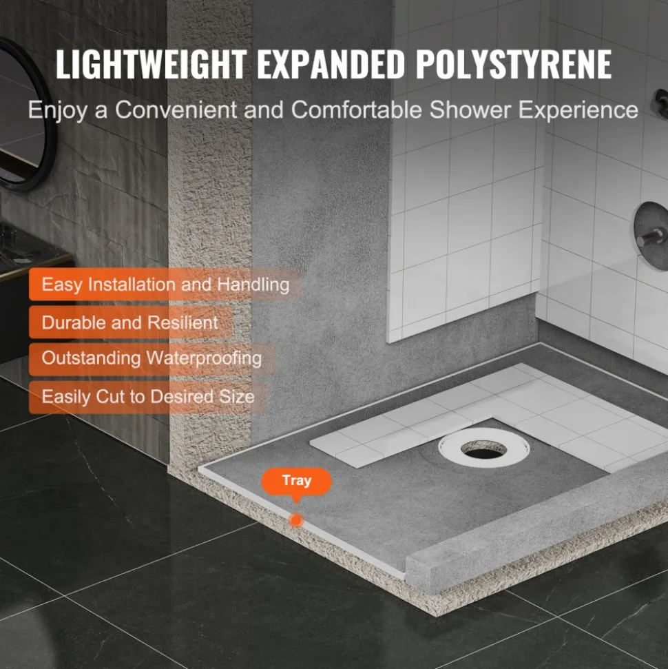 VEVOR Shower Curb Kit, 48"x72" Shower Pan Kit with 6.3" Central Drain, Lightweight EPS Shower Installation Kits with 2 Waterproof Cloths, Shower Pan Slope Sticks Fit for Bathroom