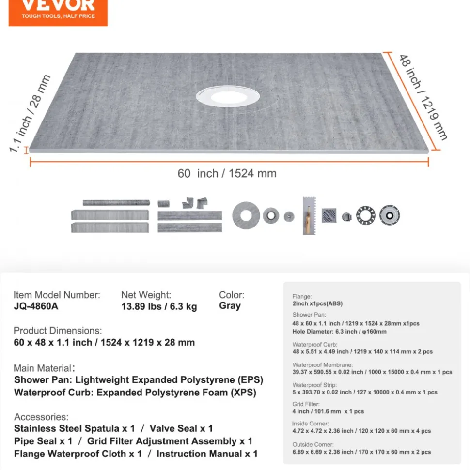 VEVOR Shower Curb Kit, 60"x48" Shower Pan Kit with 2" ABS Central Flange, Waterproof Membrane, Stainless Steel Grate, Shower Pan Slope Sticks Fit for Bathroom