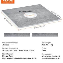 VEVOR Shower Curb Kit, 36"x36" Shower Pan Kit with 6.3" Central Drain, Lightweight EPS Shower Installation Kits with 2 Waterproof Cloths, Shower Pan Slope Sticks Fit for Bathroom
