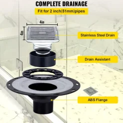 VEVOR Shower Curb Kit, 48"x48" Watertight Shower Curb Overlay with 4" ABS Central Bonding Flange, 4" Stainless Steel Grate, 2 Cuttable Shower Curb and Trowel, Shower Pan Slope Sticks Fit for Bathr