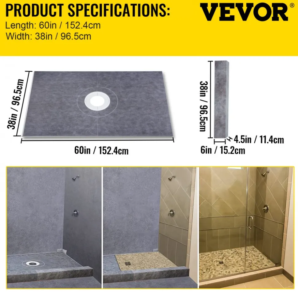VEVOR Shower Curb Kit, 38"x60" Watertight Shower Curb Overlay with 4" ABS Central Bonding Flange, 4" Stainless Steel Grate, 2 Cuttable Shower Curb and Trowel, Shower Pan Slope Sticks Fit for Bathr