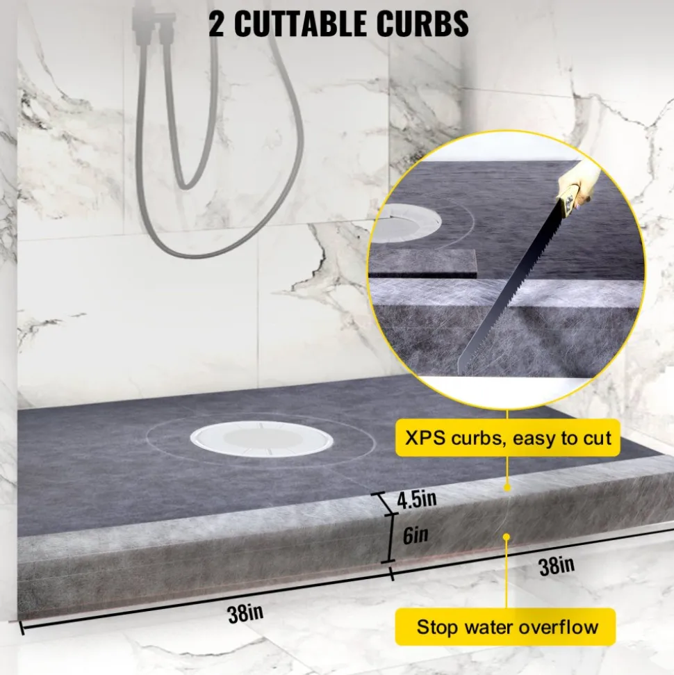 VEVOR Shower Curb Kit, 38"x60" Watertight Shower Curb Overlay with 4" ABS Central Bonding Flange, 4" Stainless Steel Grate, 2 Cuttable Shower Curb and Trowel, Shower Pan Slope Sticks Fit for Bathr