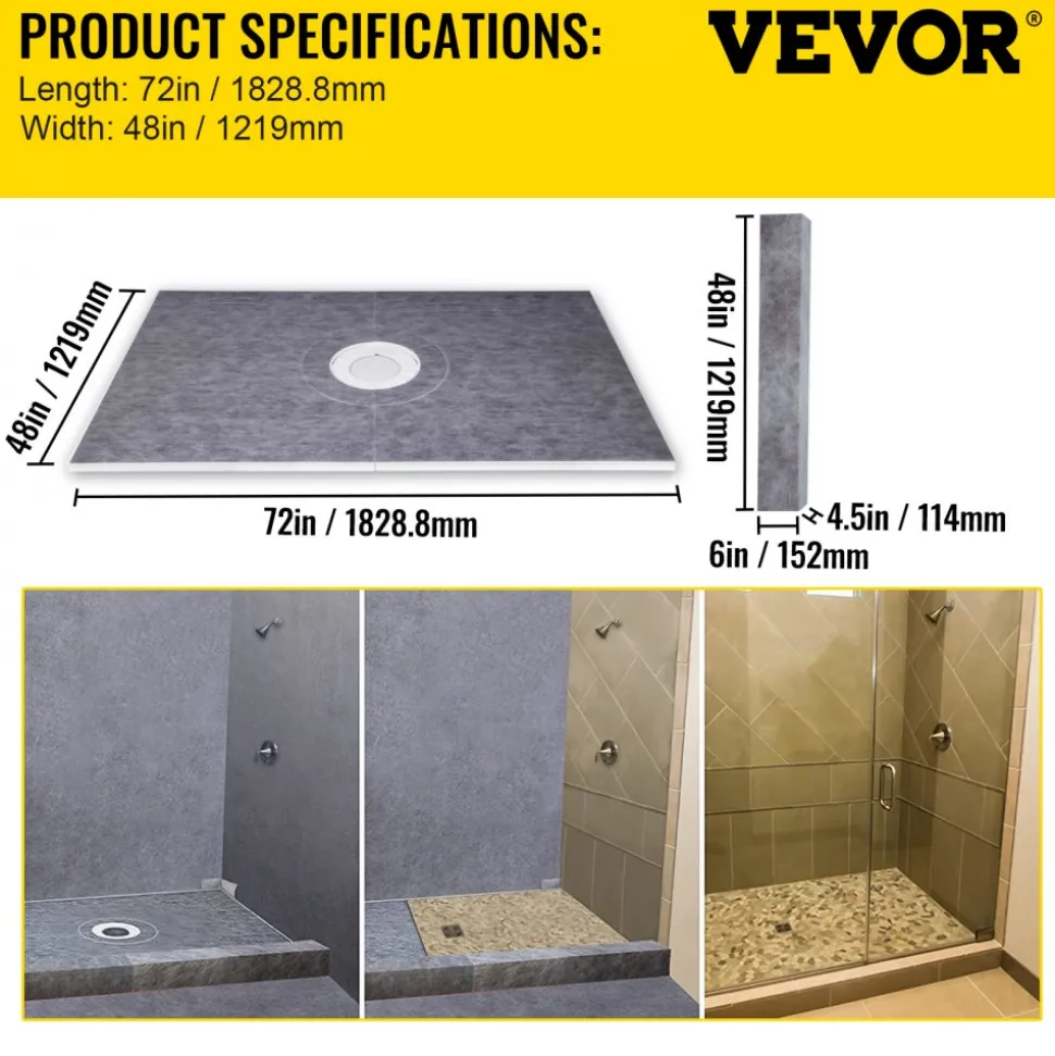 VEVOR Shower Curb Kit, 48"x72" Watertight Shower Curb Overlay with 4" ABS Central Bonding Flange, 4" Stainless Steel Grate, 2 Cuttable Shower Curb and Trowel, Shower Pan Slope Sticks Fit for Bathr