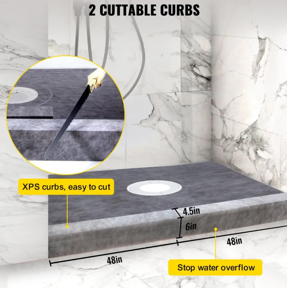 VEVOR Shower Curb Kit, 48"x72" Watertight Shower Curb Overlay with 4" ABS Central Bonding Flange, 4" Stainless Steel Grate, 2 Cuttable Shower Curb and Trowel, Shower Pan Slope Sticks Fit for Bathr