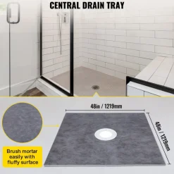 VEVOR Shower Curb Kit, 48"x48" Watertight Shower Curb Overlay with 4" PVC Central Bonding Flange, 4" Stainless Steel Grate, 2 Cuttable Shower Curb and Trowel, Shower Pan Slope Sticks Fit for Bathr