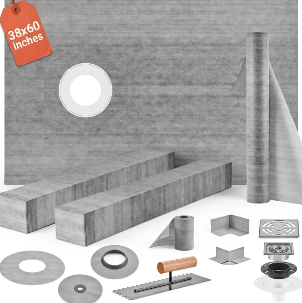 VEVOR Shower Curb Kit 38" x 60" Watertight Shower Curb Overlay with 4" PVC Offset Bonding Flange, 4" Stainless Steel Grate, 2 Cuttable Shower Curb and Trowel, Shower Pan Slope Sticks Fit for Bathr