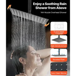 VEVOR Shower Faucet Set, 12 Inch Ceiling Mount Rainfall Shower System with 6 Inch Wall Mount Head and 4 in 1 Handheld Spray, Rotatable 3-Function Dual Rain Head Brass Valve and Trim Kit, Matte Black