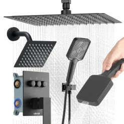 VEVOR Shower Faucet Set, 12 Inch Ceiling Mount Rainfall Shower System with 6 Inch Wall Mount Head and 4 in 1 Handheld Spray, Rotatable 3-Function Dual Rain Head Brass Valve and Trim Kit, Matte Black