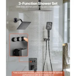 VEVOR Shower Faucet Set, 12 Inch Ceiling Mount Rainfall Shower System with 6 Inch Wall Mount Head and 4 in 1 Handheld Spray, Rotatable 3-Function Dual Rain Head Brass Valve and Trim Kit, Matte Black