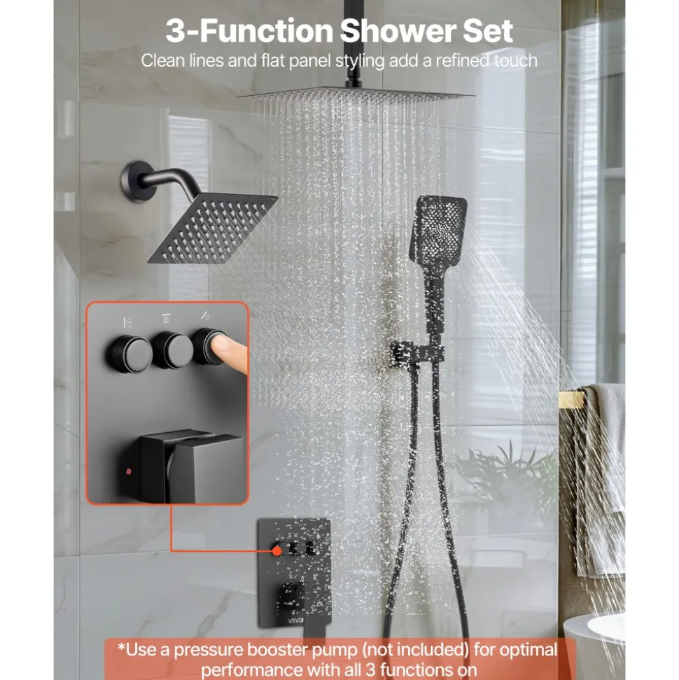 VEVOR Shower Faucet Set, 12 Inch Ceiling Mount Rainfall Shower System with 6 Inch Wall Mount Head and 4 in 1 Handheld Spray, Rotatable 3-Function Dual Rain Head Brass Valve and Trim Kit, Matte Black