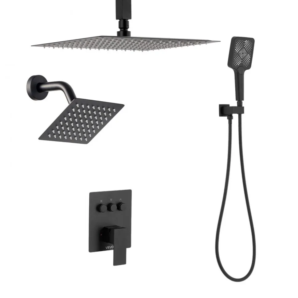 VEVOR Shower Faucet Set, 12 Inch Ceiling Mount Rainfall Shower System with 6 Inch Wall Mount Head and 4 in 1 Handheld Spray, Rotatable 3-Function Dual Rain Head Brass Valve and Trim Kit, Matte Black