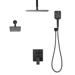 VEVOR Shower Faucet Set, 12 Inch Ceiling Mount Rainfall Shower System with 6 Inch Wall Mount Head and 4 in 1 Handheld Spray, Rotatable 3-Function Dual Rain Head Brass Valve and Trim Kit, Matte Black