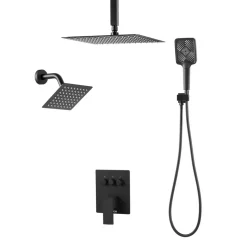 VEVOR Shower Faucet Set, 12 Inch Ceiling Mount Rainfall Shower System with 6 Inch Wall Mount Head and 4 in 1 Handheld Spray, Rotatable 3-Function Dual Rain Head Brass Valve and Trim Kit, Matte Black