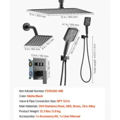 VEVOR Shower Faucet Set, 12 Inch Ceiling Mount Rainfall Shower System with 6 Inch Wall Mount Head and 4 in 1 Handheld Spray, Rotatable 3-Function Dual Rain Head Brass Valve and Trim Kit, Matte Black