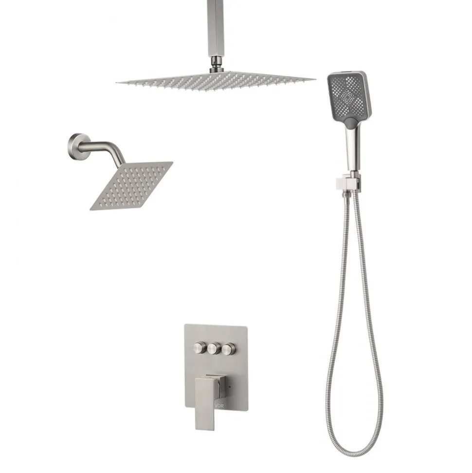 VEVOR Shower Faucet Set, 12 Inch Ceiling Mount Rainfall Shower System with 6 Inch Wall Mount Head and 4 in 1 Handheld Spray, Rotatable 3-Function Dual Rain Head Brass Valve & Trim Kit, Brushed Nickel