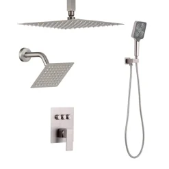 VEVOR Shower Faucet Set, 12 Inch Ceiling Mount Rainfall Shower System with 6 Inch Wall Mount Head and 4 in 1 Handheld Spray, Rotatable 3-Function Dual Rain Head Brass Valve & Trim Kit, Brushed Nickel
