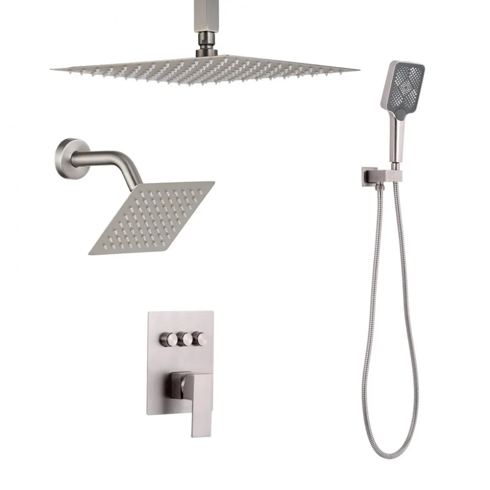 VEVOR Shower Faucet Set, 12 Inch Ceiling Mount Rainfall Shower System with 6 Inch Wall Mount Head and 4 in 1 Handheld Spray, Rotatable 3-Function Dual Rain Head Brass Valve & Trim Kit, Brushed Nickel
