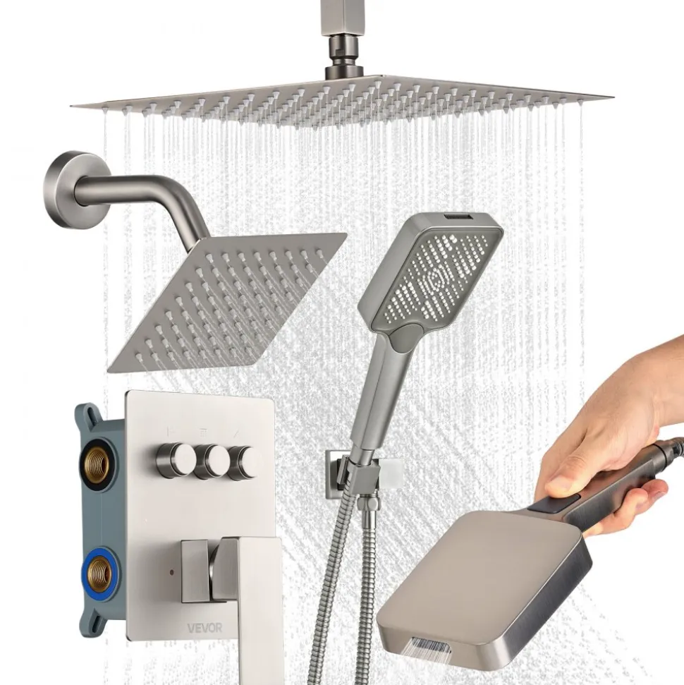 VEVOR Shower Faucet Set, 12 Inch Ceiling Mount Rainfall Shower System with 6 Inch Wall Mount Head and 4 in 1 Handheld Spray, Rotatable 3-Function Dual Rain Head Brass Valve & Trim Kit, Brushed Nickel