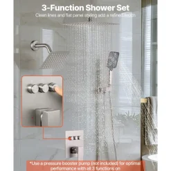 VEVOR Shower Faucet Set, 12 Inch Ceiling Mount Rainfall Shower System with 6 Inch Wall Mount Head and 4 in 1 Handheld Spray, Rotatable 3-Function Dual Rain Head Brass Valve & Trim Kit, Brushed Nickel