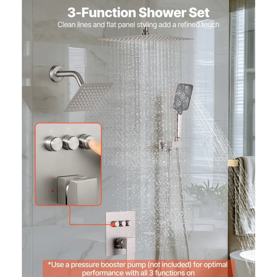 VEVOR Shower Faucet Set, 12 Inch Ceiling Mount Rainfall Shower System with 6 Inch Wall Mount Head and 4 in 1 Handheld Spray, Rotatable 3-Function Dual Rain Head Brass Valve & Trim Kit, Brushed Nickel