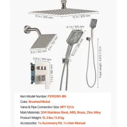 VEVOR Shower Faucet Set, 12 Inch Ceiling Mount Rainfall Shower System with 6 Inch Wall Mount Head and 4 in 1 Handheld Spray, Rotatable 3-Function Dual Rain Head Brass Valve & Trim Kit, Brushed Nickel