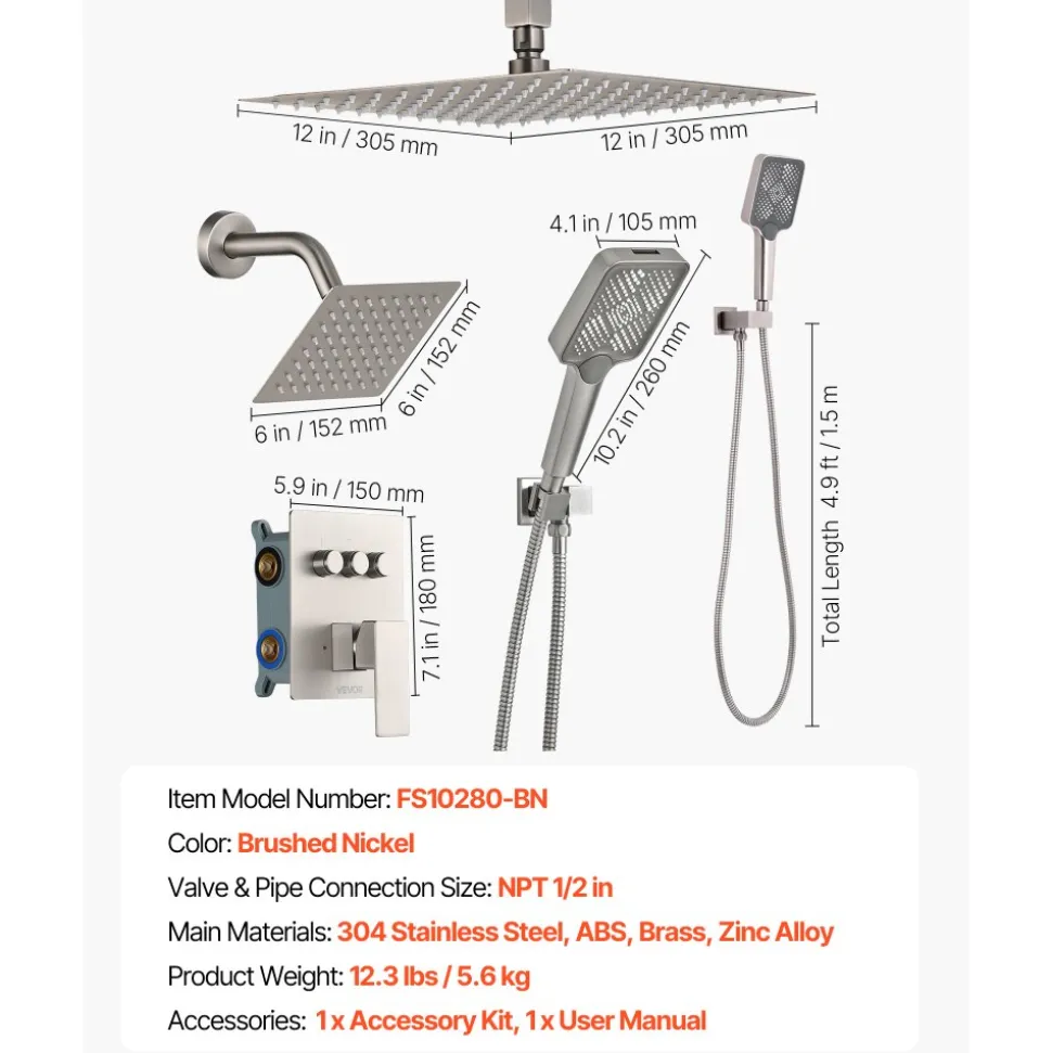 VEVOR Shower Faucet Set, 12 Inch Ceiling Mount Rainfall Shower System with 6 Inch Wall Mount Head and 4 in 1 Handheld Spray, Rotatable 3-Function Dual Rain Head Brass Valve & Trim Kit, Brushed Nickel