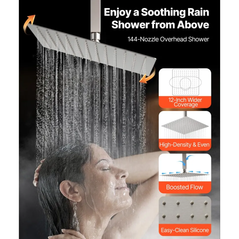 VEVOR Shower Faucet Set, 12 Inch Ceiling Mount Rainfall Shower System with 6 Inch Wall Mount Head and 4 in 1 Handheld Spray, Rotatable 3-Function Dual Rain Head Brass Valve & Trim Kit, Brushed Nickel