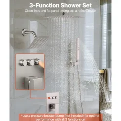 VEVOR Shower Faucet Set, 10 Inch Ceiling Mount Rainfall Shower System with 6 Inch Wall Mount Head and 2 in 1 Handheld Spray, Rotatable 3-Function Dual Rain Head Brass Valve & Trim Kit, Brushed Nickel