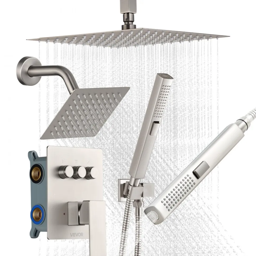 VEVOR Shower Faucet Set, 10 Inch Ceiling Mount Rainfall Shower System with 6 Inch Wall Mount Head and 2 in 1 Handheld Spray, Rotatable 3-Function Dual Rain Head Brass Valve & Trim Kit, Brushed Nickel