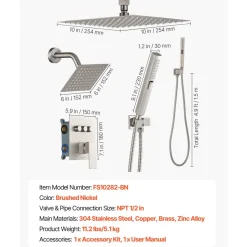 VEVOR Shower Faucet Set, 10 Inch Ceiling Mount Rainfall Shower System with 6 Inch Wall Mount Head and 2 in 1 Handheld Spray, Rotatable 3-Function Dual Rain Head Brass Valve & Trim Kit, Brushed Nickel