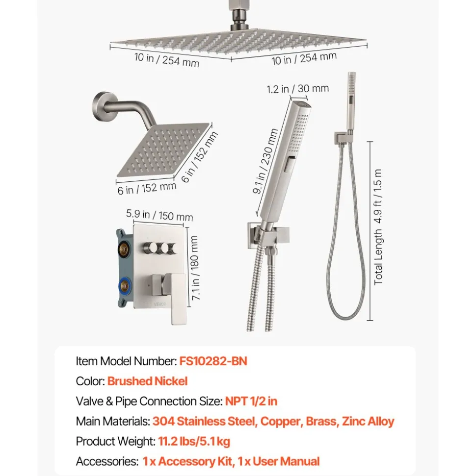 VEVOR Shower Faucet Set, 10 Inch Ceiling Mount Rainfall Shower System with 6 Inch Wall Mount Head and 2 in 1 Handheld Spray, Rotatable 3-Function Dual Rain Head Brass Valve & Trim Kit, Brushed Nickel