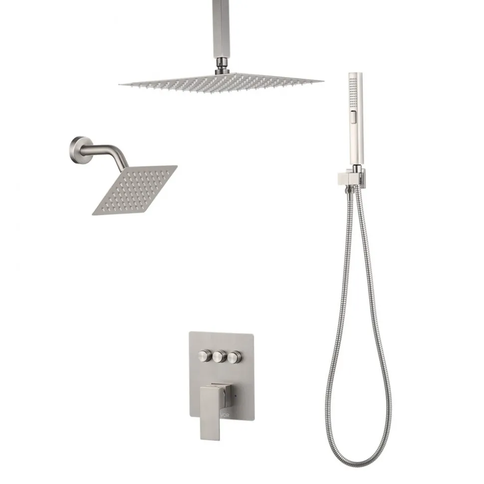 VEVOR Shower Faucet Set, 10 Inch Ceiling Mount Rainfall Shower System with 6 Inch Wall Mount Head and 2 in 1 Handheld Spray, Rotatable 3-Function Dual Rain Head Brass Valve & Trim Kit, Brushed Nickel