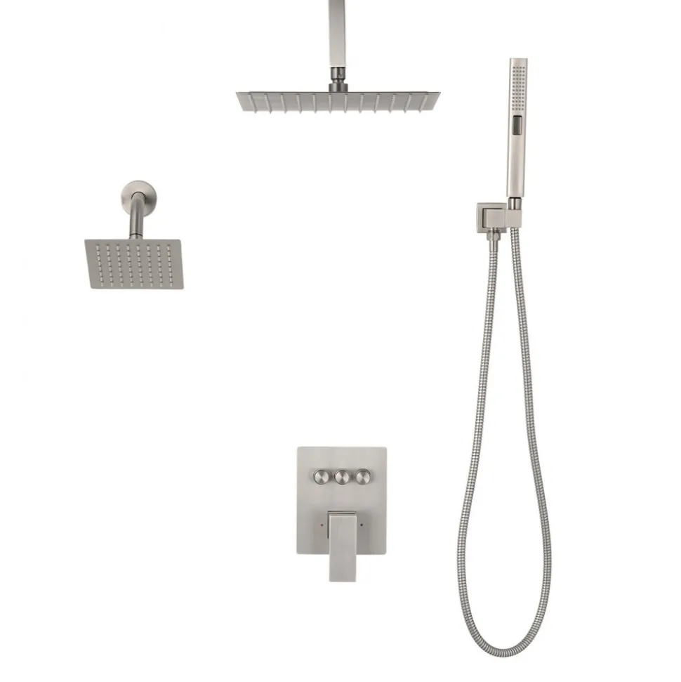 VEVOR Shower Faucet Set, 10 Inch Ceiling Mount Rainfall Shower System with 6 Inch Wall Mount Head and 2 in 1 Handheld Spray, Rotatable 3-Function Dual Rain Head Brass Valve & Trim Kit, Brushed Nickel