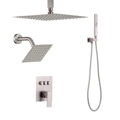 VEVOR Shower Faucet Set, 10 Inch Ceiling Mount Rainfall Shower System with 6 Inch Wall Mount Head and 2 in 1 Handheld Spray, Rotatable 3-Function Dual Rain Head Brass Valve & Trim Kit, Brushed Nickel