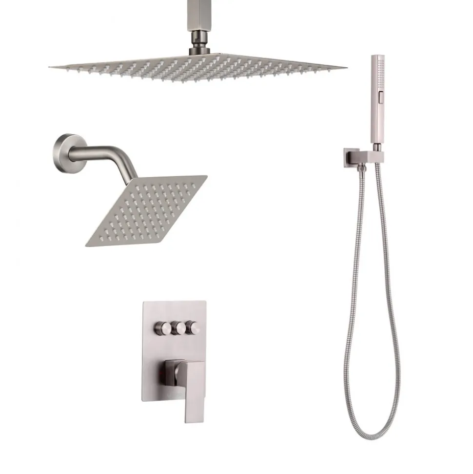 VEVOR Shower Faucet Set, 10 Inch Ceiling Mount Rainfall Shower System with 6 Inch Wall Mount Head and 2 in 1 Handheld Spray, Rotatable 3-Function Dual Rain Head Brass Valve & Trim Kit, Brushed Nickel