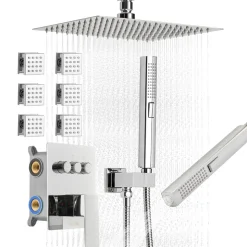 VEVOR Shower Faucet Set, 10 Inch Ceiling Mount Rainfall Shower System with 6 Body Jets and 2 in 1 Handheld Spray, Rotatable 3-Function Rain Head System Set, Complete Brass Valve and Trim Kit, Chrome